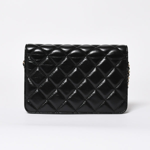Very Good Condition CHANEL Chevron Chain Wallet 28th Series Coco Mark Shiny Lambskin Black Used 4a008408