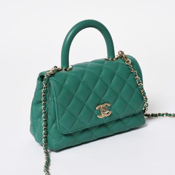 Very good condition CHANEL top handle 2WAY bag random number here mark caviar skin green gold hardware used 4a008349