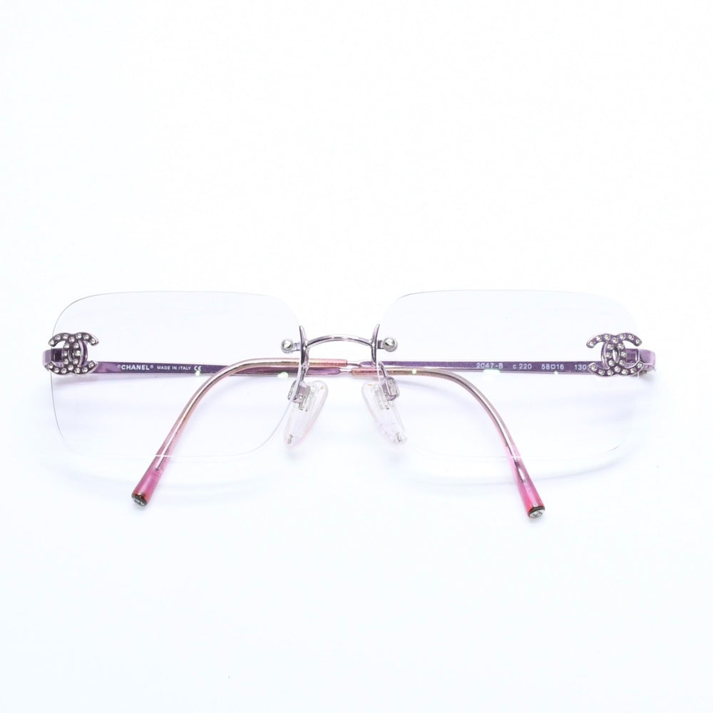 極美品 CHANEL シャネル リムレス サングラス アイウェア 2047-B c.220 サイズ58□16 130 ココマーク ラインストーン ピンク 中古 4a008449