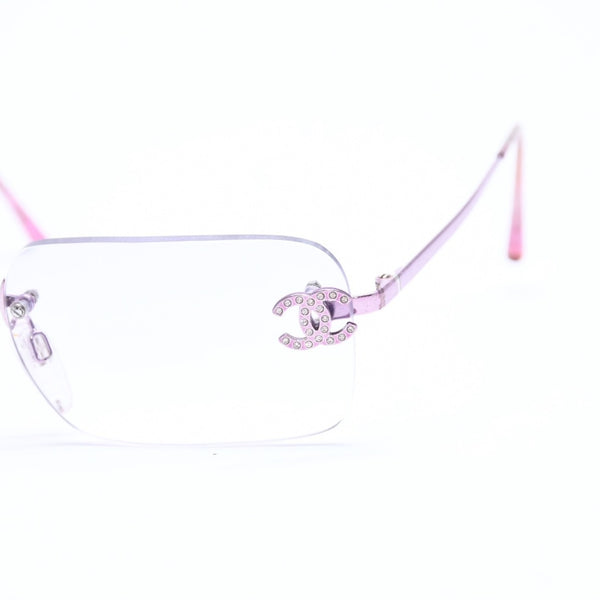 極美品 CHANEL シャネル リムレス サングラス アイウェア 2047-B c.220 サイズ58□16 130 ココマーク ラインストーン ピンク 中古 4a008449