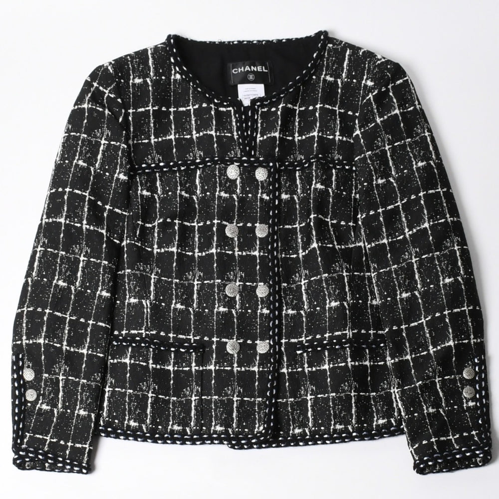 極美品 CHANEL シャネル ジャケット ノーカラージャケット ココマークボタン ブラック ホワイト P47857V34876 サイズ48 中古 4a008654