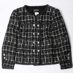 極美品 CHANEL シャネル ジャケット ノーカラージャケット ココマークボタン ブラック ホワイト P47857V34876 サイズ48 中古 4a008654