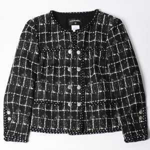 極美品 CHANEL シャネル ジャケット ノーカラージャケット ココマークボタン ブラック ホワイト P47857V34876 サイズ48 中古 4a008654