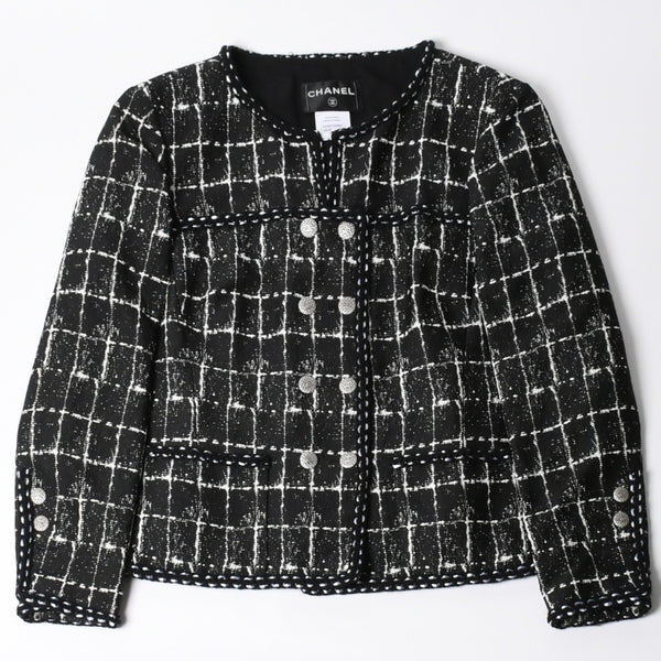 極美品 CHANEL シャネル ジャケット ノーカラージャケット ココマークボタン ブラック ホワイト P47857V34876 サイズ48 中古 4a008654