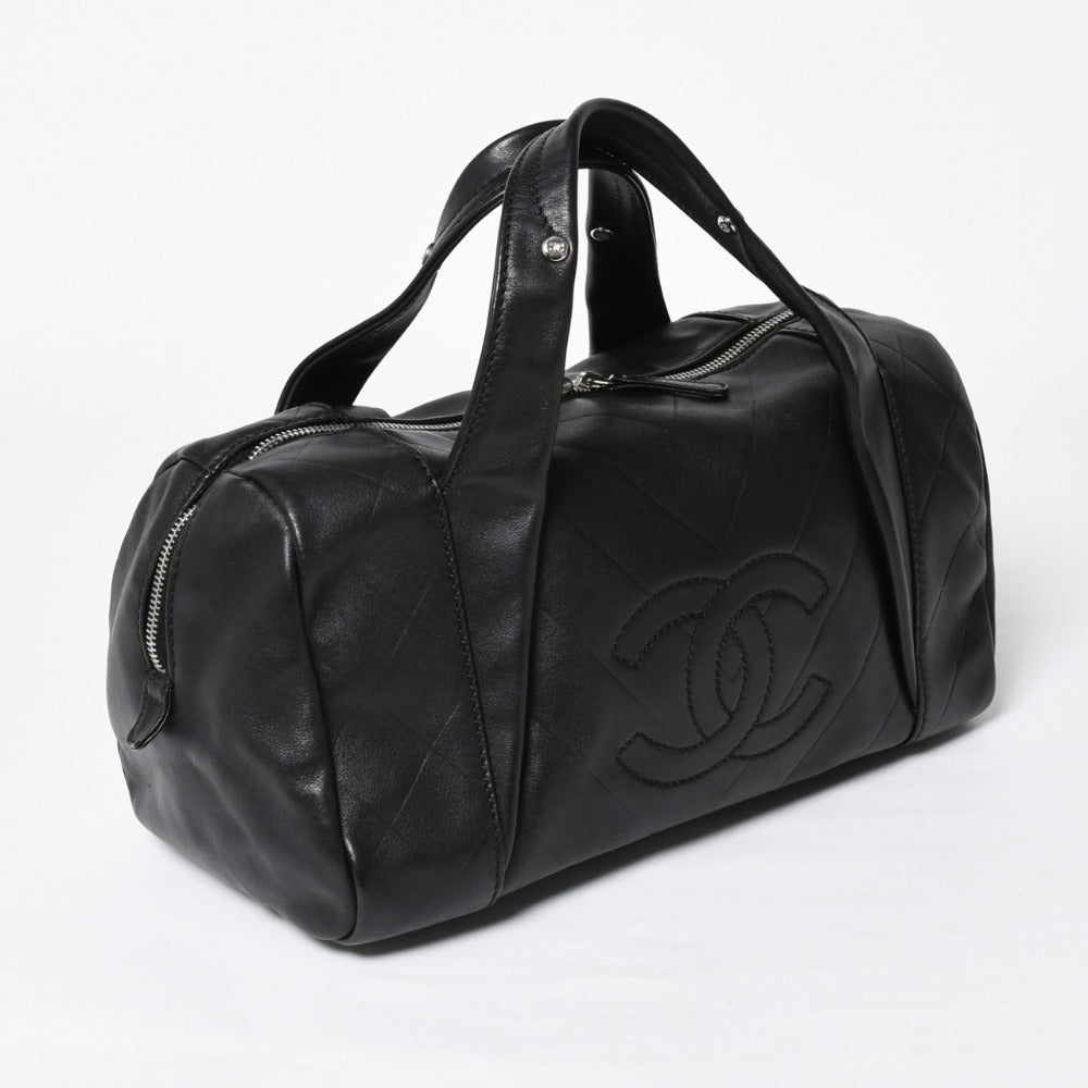 CHANEL Chevron Mini Boston Bag No. 10 Black Here Mark V Stitch Lambskin Silver Hardware Good Condition Used 4a009048