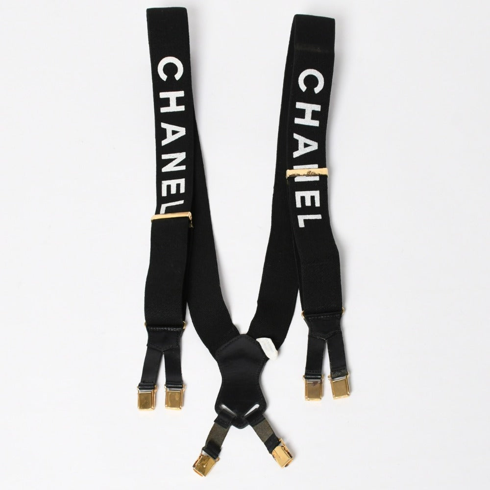 CHANEL Suspender Logo Made in France Leather Cotton Black White Gold Hardware Good Condition Used 4a008330