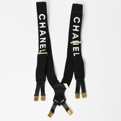 CHANEL シャネル サスペンダー ロゴ フランス製 レザー コットン ブラック ホワイト ゴールド金具 美品 中古 4a008330