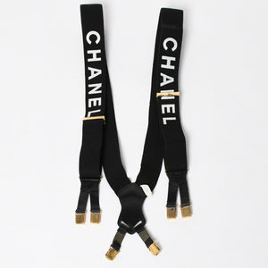 CHANEL シャネル サスペンダー ロゴ フランス製 レザー コットン ブラック ホワイト ゴールド金具 美品 中古 4a008330