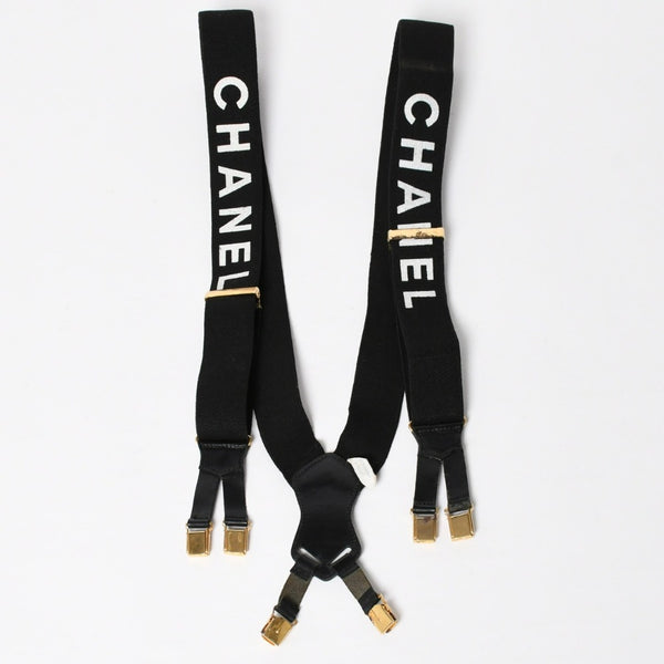 CHANEL シャネル サスペンダー ロゴ フランス製 レザー コットン ブラック ホワイト ゴールド金具 美品 中古 4a008330