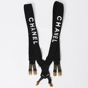 CHANEL シャネル サスペンダー ロゴ フランス製 レザー コットン ブラック ホワイト ゴールド金具 美品 中古 4a008330