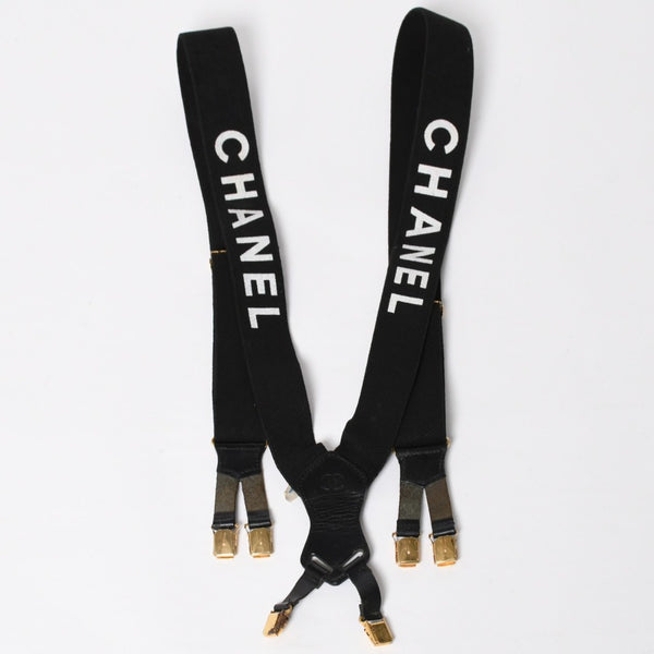 CHANEL シャネル サスペンダー ロゴ フランス製 レザー コットン ブラック ホワイト ゴールド金具 美品 中古 4a008330