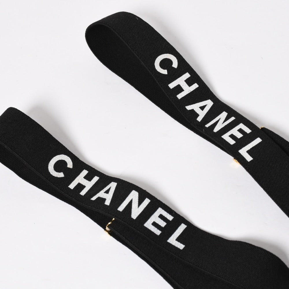 CHANEL Suspender Logo Made in France Leather Cotton Black White Gold Hardware Good Condition Used 4a008330