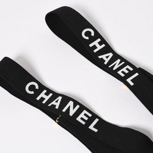 CHANEL シャネル サスペンダー ロゴ フランス製 レザー コットン ブラック ホワイト ゴールド金具 美品 中古 4a008330