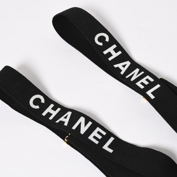 CHANEL シャネル サスペンダー ロゴ フランス製 レザー コットン ブラック ホワイト ゴールド金具 美品 中古 4a008330