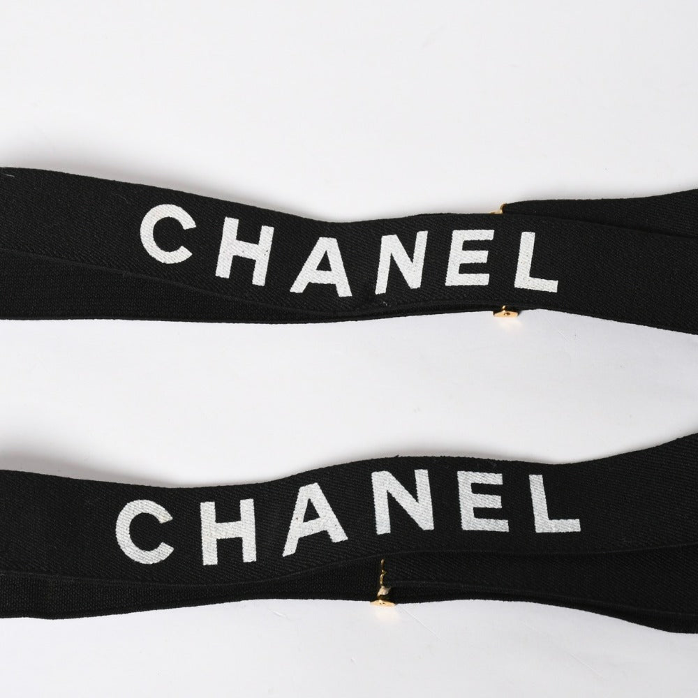 CHANEL Suspender Logo Made in France Leather Cotton Black White Gold Hardware Good Condition Used 4a008330