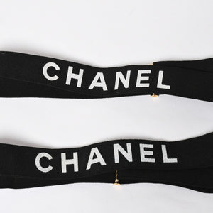 CHANEL シャネル サスペンダー ロゴ フランス製 レザー コットン ブラック ホワイト ゴールド金具 美品 中古 4a008330