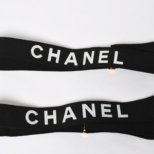CHANEL シャネル サスペンダー ロゴ フランス製 レザー コットン ブラック ホワイト ゴールド金具 美品 中古 4a008330