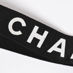 CHANEL シャネル サスペンダー ロゴ フランス製 レザー コットン ブラック ホワイト ゴールド金具 美品 中古 4a008330