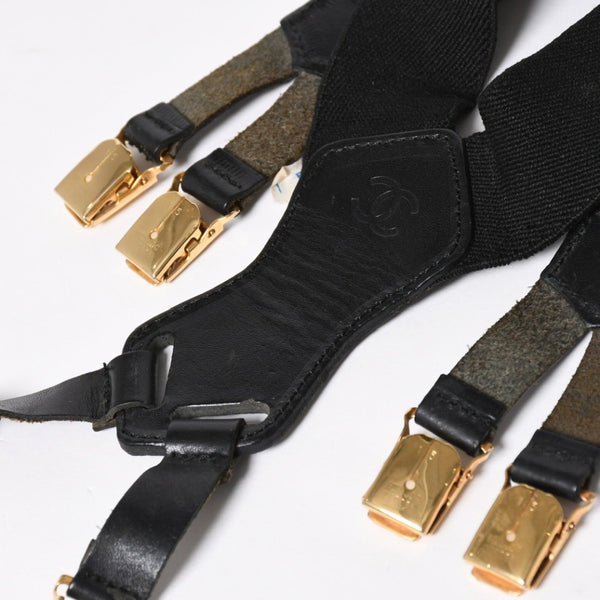 CHANEL シャネル サスペンダー ロゴ フランス製 レザー コットン ブラック ホワイト ゴールド金具 美品 中古 4a008330