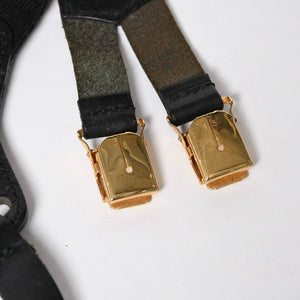 CHANEL シャネル サスペンダー ロゴ フランス製 レザー コットン ブラック ホワイト ゴールド金具 美品 中古 4a008330