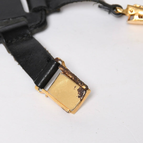 CHANEL シャネル サスペンダー ロゴ フランス製 レザー コットン ブラック ホワイト ゴールド金具 美品 中古 4a008330