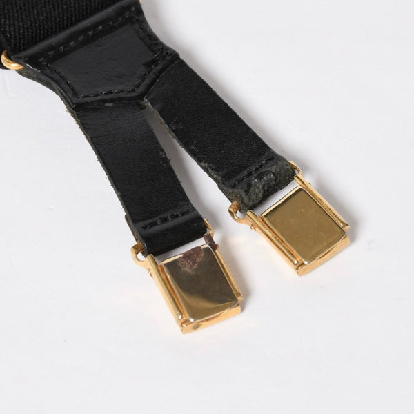 CHANEL シャネル サスペンダー ロゴ フランス製 レザー コットン ブラック ホワイト ゴールド金具 美品 中古 4a008330