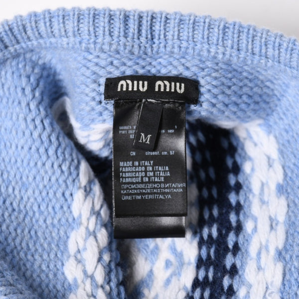 新品同様 MIUMIU ミュウミュウ エンブロイダリー ビーニー ニットキャップ 5HC488 サイズM ホワイト ブルー ネイビー 中古 4a008884
