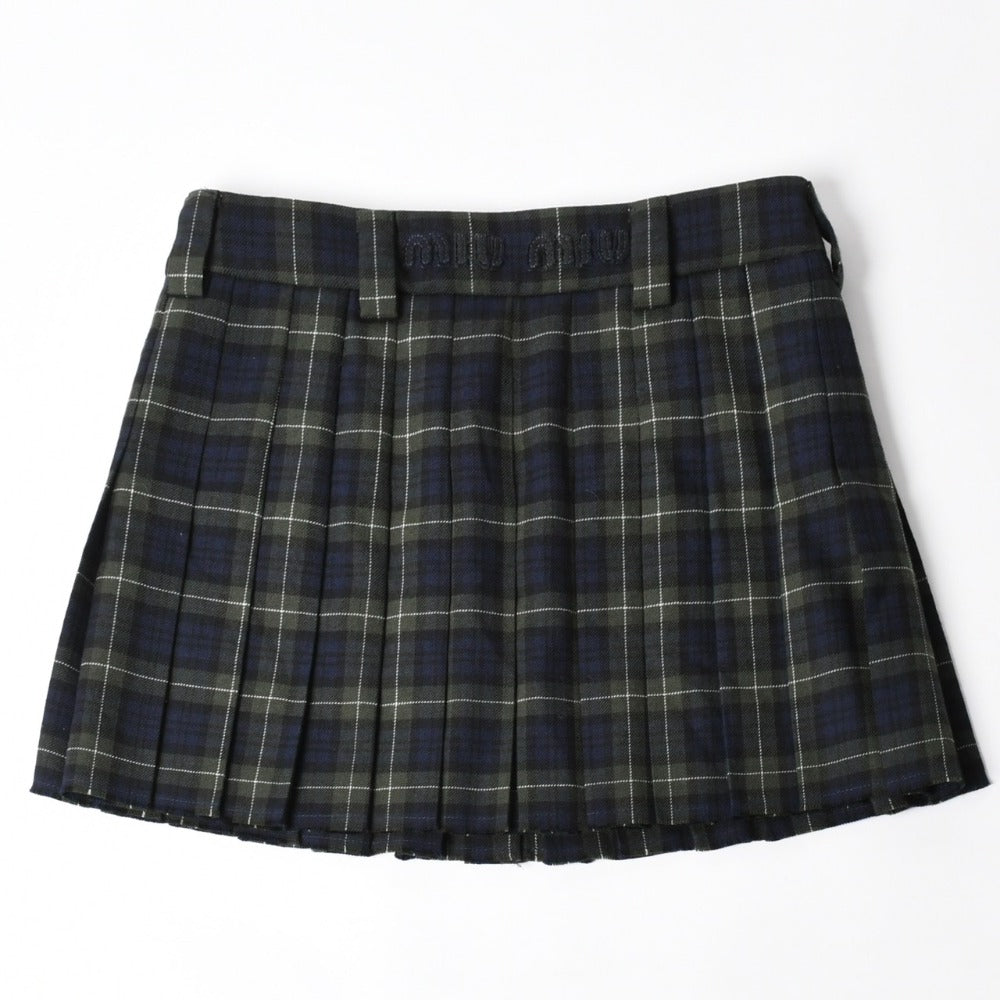 New and unused MIUMIU Pleated Tartan Mini Skirt MG2358 Size 38 Wool Tartan Check Green Used 4a008885