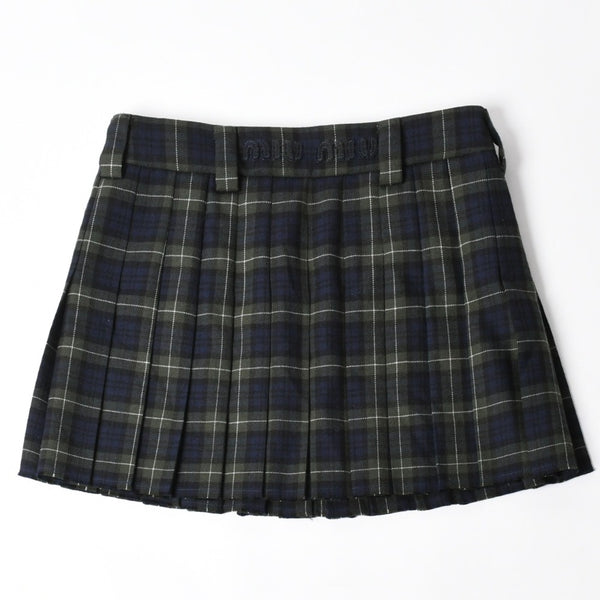 New and unused MIUMIU Pleated Tartan Mini Skirt MG2358 Size 38 Wool Tartan Check Green Used 4a008885