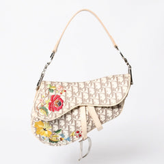 Very Good Condition Christian Dior Saddle Bag Embroidery Galliano Period Floral Pattern White Beige Silver Hardware 01RU 1024 Rare Used 4a009047