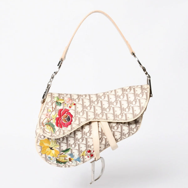 Very Good Condition Christian Dior Saddle Bag Embroidery Galliano Period Floral Pattern White Beige Silver Hardware 01RU 1024 Rare Used 4a009047