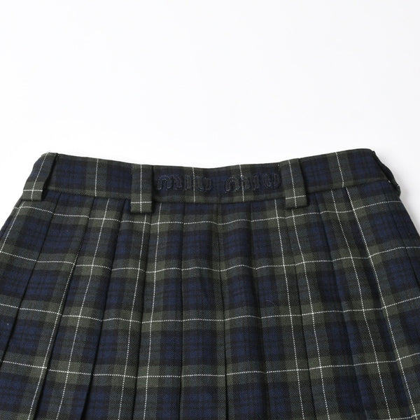 New and unused MIUMIU Pleated Tartan Mini Skirt MG2358 Size 38 Wool Tartan Check Green Used 4a008885