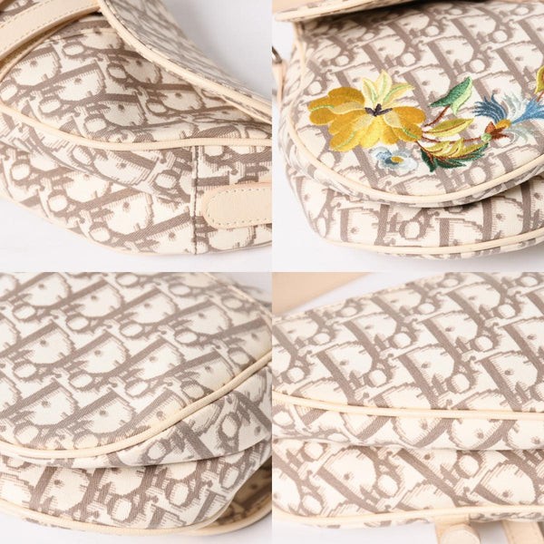 Very Good Condition Christian Dior Saddle Bag Embroidery Galliano Period Floral Pattern White Beige Silver Hardware 01RU 1024 Rare Used 4a009047