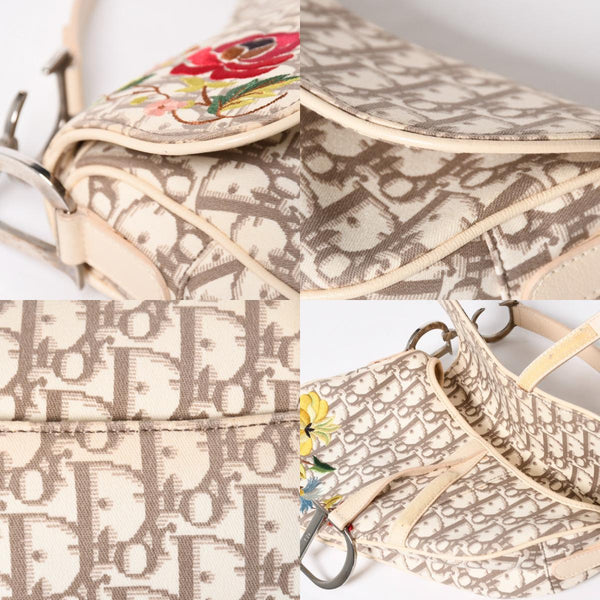 Very Good Condition Christian Dior Saddle Bag Embroidery Galliano Period Floral Pattern White Beige Silver Hardware 01RU 1024 Rare Used 4a009047