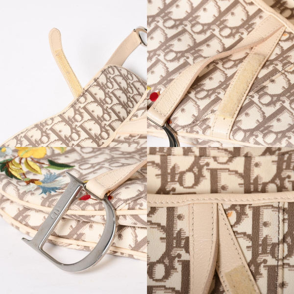 Very Good Condition Christian Dior Saddle Bag Embroidery Galliano Period Floral Pattern White Beige Silver Hardware 01RU 1024 Rare Used 4a009047