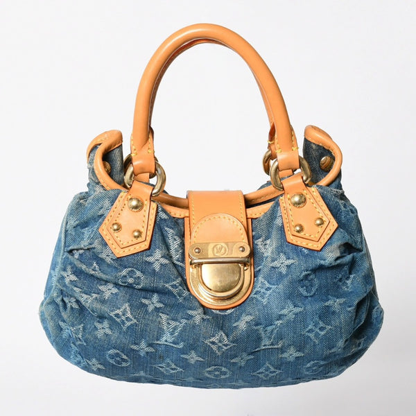 Very Good Condition LOUIS VUITTON Pretty Handbag M95020 Monogram Denim Leather Blue Gold Hardware Used 4a008918