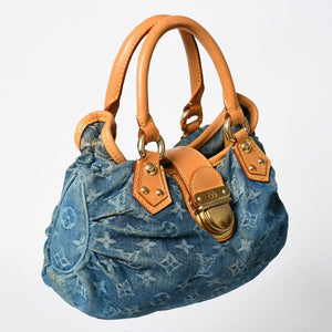 Very Good Condition LOUIS VUITTON Pretty Handbag M95020 Monogram Denim Leather Blue Gold Hardware Used 4a008918