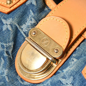 Very Good Condition LOUIS VUITTON Pretty Handbag M95020 Monogram Denim Leather Blue Gold Hardware Used 4a008918