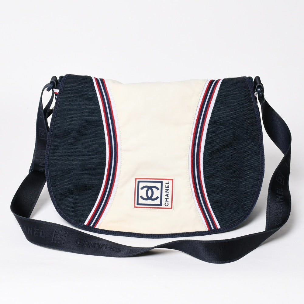 Very Good Condition CHANEL Sports Line Shoulder Bag No. 10 Coco Mark Ivory Navy Nylon Silver Hardware Used 4a009041