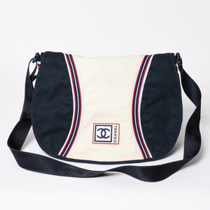Very Good Condition CHANEL Sports Line Shoulder Bag No. 10 Coco Mark Ivory Navy Nylon Silver Hardware Used 4a009041