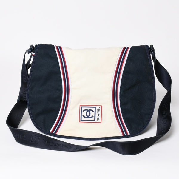 Very Good Condition CHANEL Sports Line Shoulder Bag No. 10 Coco Mark Ivory Navy Nylon Silver Hardware Used 4a009041