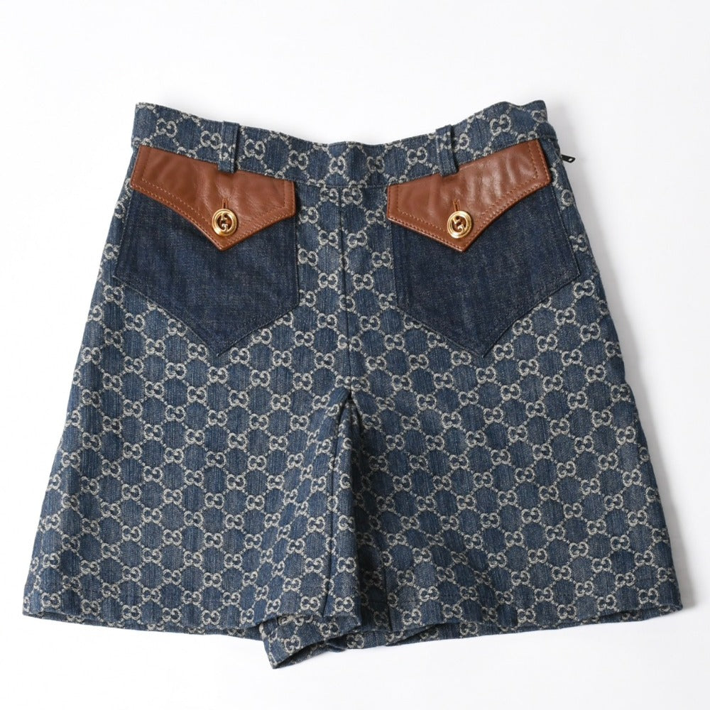 新品同様 GUCCI グッチ GG柄 デニムハーフパンツ 652661 イタリア製 コットン ラムスキン ブルー ブラウン ゴールド金具 サイズ40 中古 4a008950