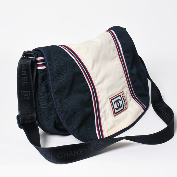 Very Good Condition CHANEL Sports Line Shoulder Bag No. 10 Coco Mark Ivory Navy Nylon Silver Hardware Used 4a009041