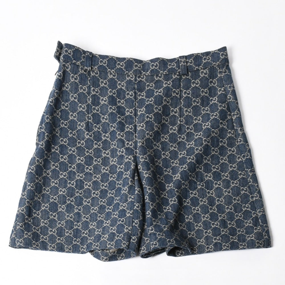 新品同様 GUCCI グッチ GG柄 デニムハーフパンツ 652661 イタリア製 コットン ラムスキン ブルー ブラウン ゴールド金具 サイズ40 中古 4a008950