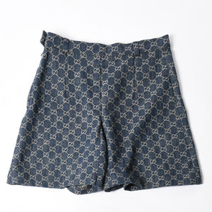 新品同様 GUCCI グッチ GG柄 デニムハーフパンツ 652661 イタリア製 コットン ラムスキン ブルー ブラウン ゴールド金具 サイズ40 中古 4a008950