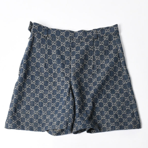 新品同様 GUCCI グッチ GG柄 デニムハーフパンツ 652661 イタリア製 コットン ラムスキン ブルー ブラウン ゴールド金具 サイズ40 中古 4a008950