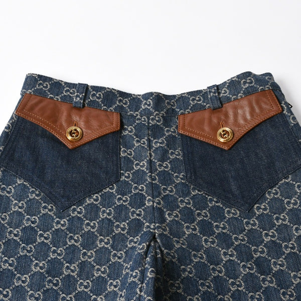 新品同様 GUCCI グッチ GG柄 デニムハーフパンツ 652661 イタリア製 コットン ラムスキン ブルー ブラウン ゴールド金具 サイズ40 中古 4a008950