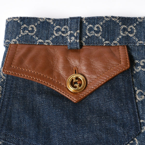 新品同様 GUCCI グッチ GG柄 デニムハーフパンツ 652661 イタリア製 コットン ラムスキン ブルー ブラウン ゴールド金具 サイズ40 中古 4a008950