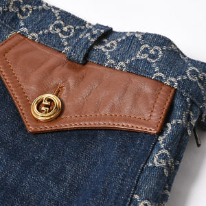 新品同様 GUCCI グッチ GG柄 デニムハーフパンツ 652661 イタリア製 コットン ラムスキン ブルー ブラウン ゴールド金具 サイズ40 中古 4a008950