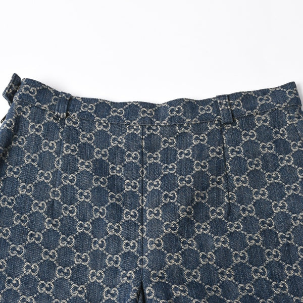 新品同様 GUCCI グッチ GG柄 デニムハーフパンツ 652661 イタリア製 コットン ラムスキン ブルー ブラウン ゴールド金具 サイズ40 中古 4a008950